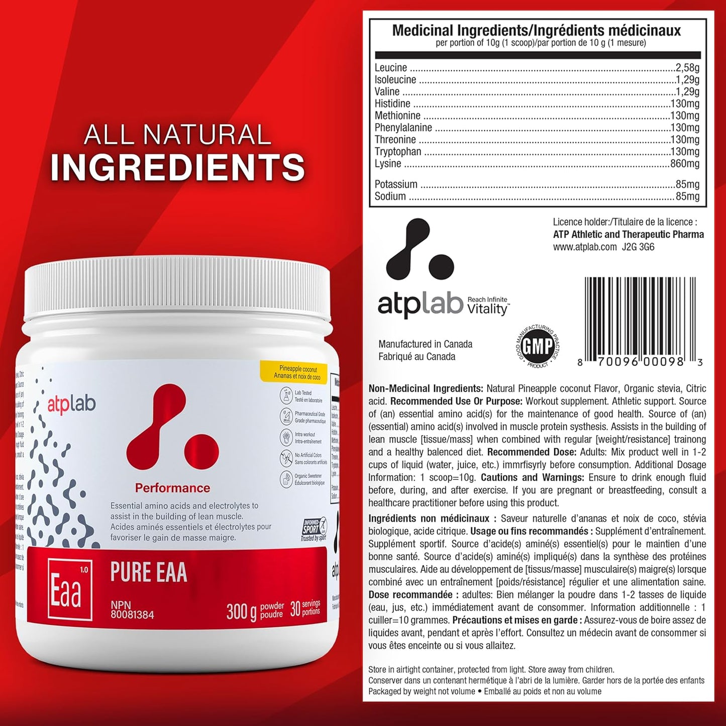 ATP LAB EAA Supplement Powder - Pineapple Coconut Flavour - 300g - Essential Amino Acids for Muscle Recovery and Building