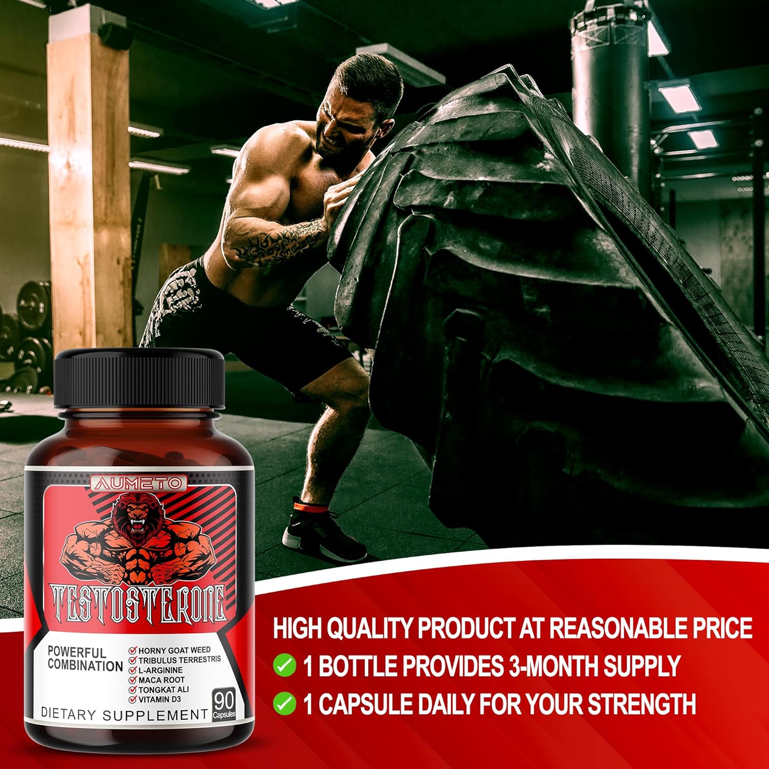 AUMETO 8IN1 Ultra Test Support Supplement with Tribulus Terrestris, Tongkat Ali, Maca Root, Beet Root, L-Arginine, Vitamin D3 - Enhanced Strength, Stamina & Muscle Growth - 90 Capsules