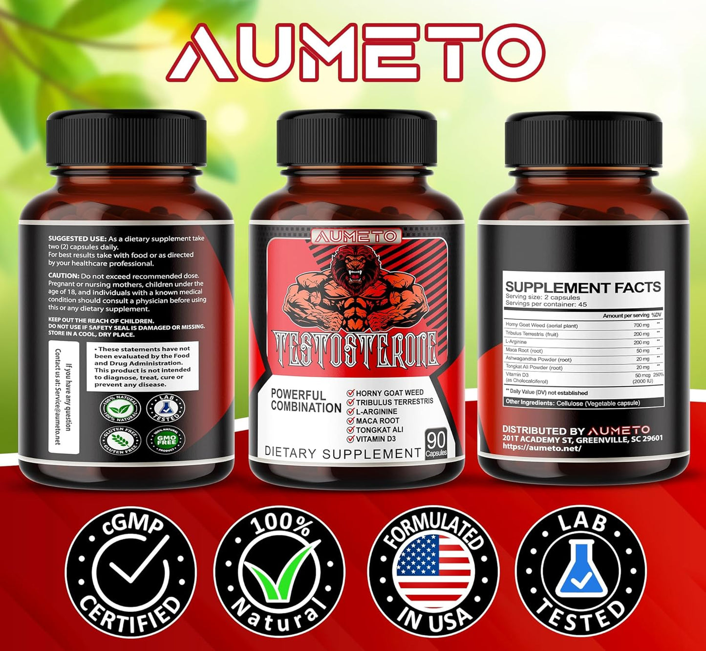 AUMETO 8IN1 Ultra Test Support Supplement with Tribulus Terrestris, Tongkat Ali, Maca Root, Beet Root, L-Arginine, Vitamin D3 - Enhanced Strength, Stamina & Muscle Growth - 90 Capsules
