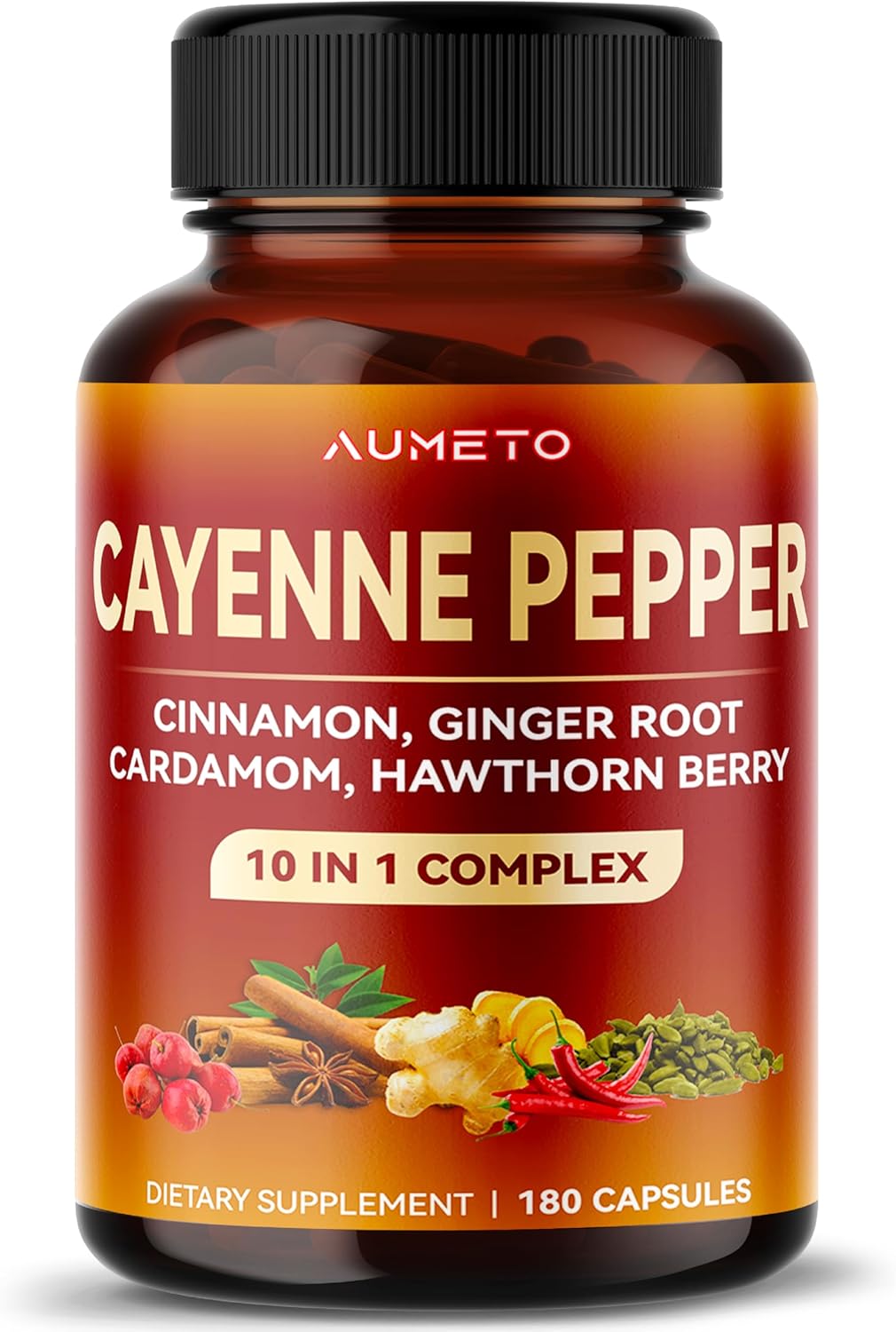AUMETO Cayenne Pepper Capsules - Enhanced Formula with Cinnamon, Ginger, Cardamom, Hawthorn Berry - Promotes Digestion, Circulation & Wellness (180 Count)