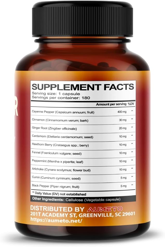 AUMETO Cayenne Pepper Capsules - Enhanced Formula with Cinnamon, Ginger, Cardamom, Hawthorn Berry - Promotes Digestion, Circulation & Wellness (180 Count)