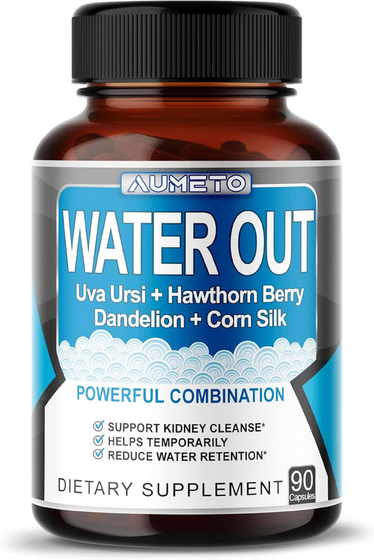 AUMETO Ultra Natural Water Out Pills with Uva Ursi for Full Body Cleanse - Kidney & Stomach Support - 90 Count Pack