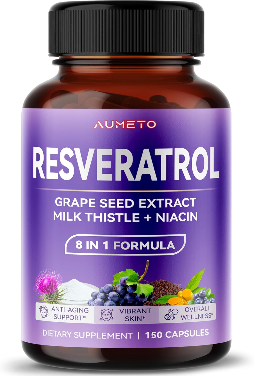 AUMETO Ultra Resveratrol Supplement - 8-in-1 Formula with Grape Seed, Milk Thistle, Niacin - 150 Count Pack