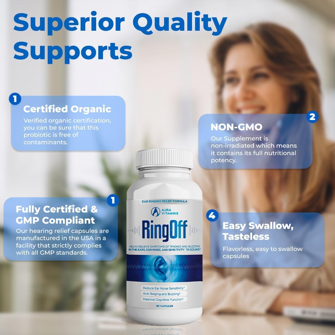 AURA VITAMINS Ring Off (120 Caps) – Effective Tinnitus Relief with Ginkgo Biloba & Zinc Picolinate for Inner Peace & Hearing Health