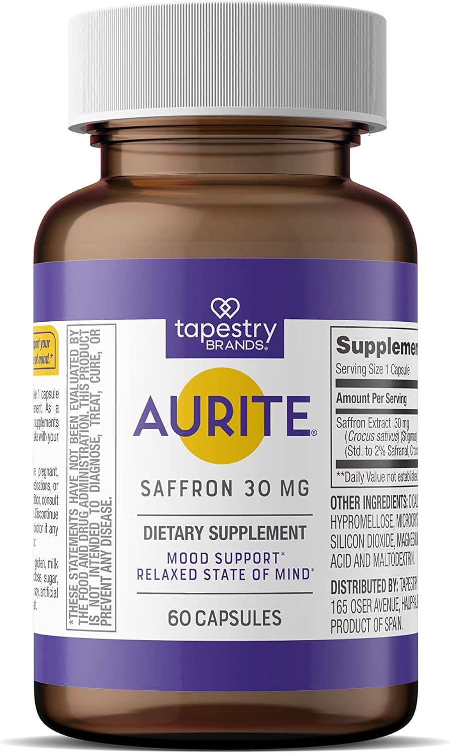 Aurite Saffron Supplement for Stress Management & Mood Support - 60 Count, 30mg Saffron, Memory Support, Vegetarian, Non-GMO, Gluten & Soy-Free - 2 Month Supply for Women & Men