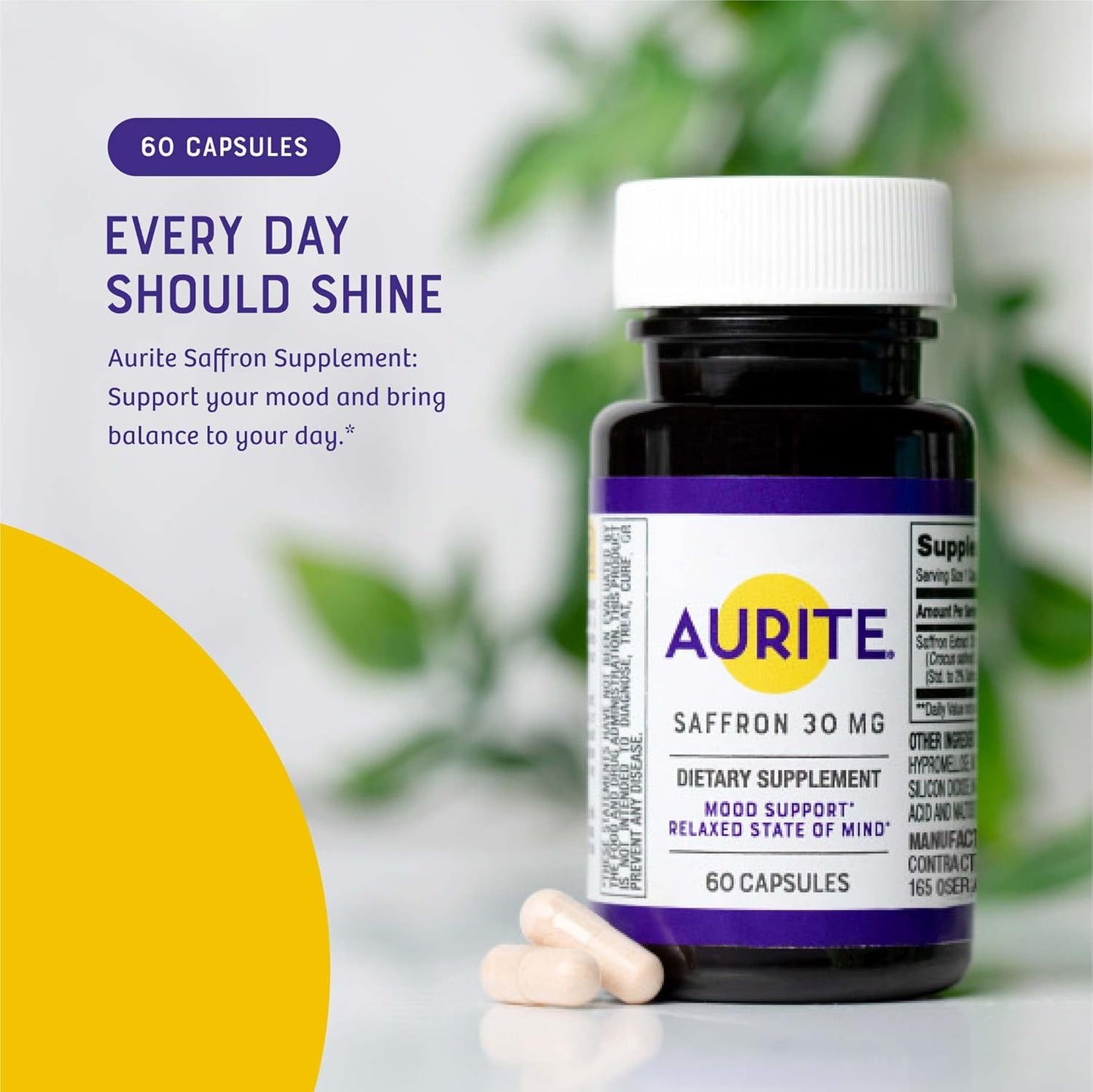 Aurite Saffron Supplement for Stress Management & Mood Support - 60 Count, 30mg Saffron, Memory Support, Vegetarian, Non-GMO, Gluten & Soy-Free - 2 Month Supply for Women & Men