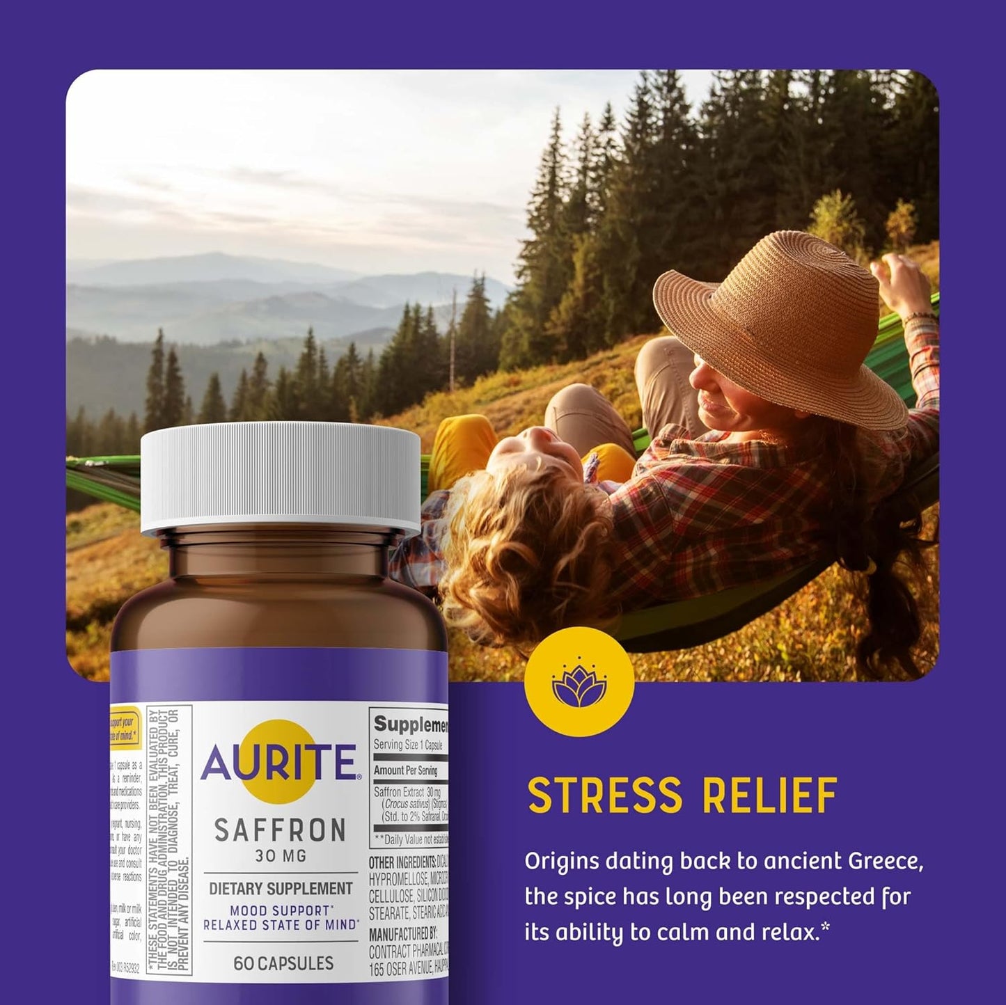 Aurite Saffron Supplement for Stress Management & Mood Support - 60 Count, 30mg Saffron, Memory Support, Vegetarian, Non-GMO, Gluten & Soy-Free - 2 Month Supply for Women & Men