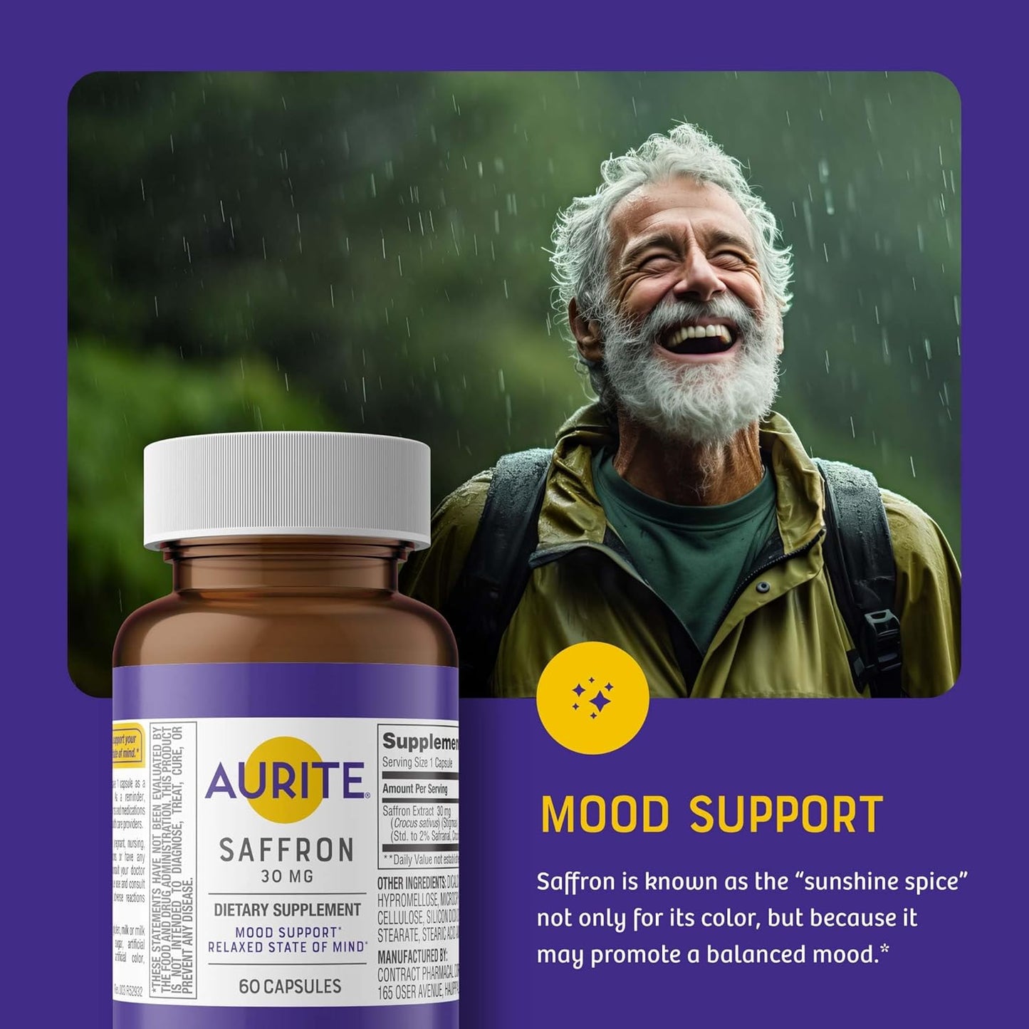 Aurite Saffron Supplement for Stress Management & Mood Support - 60 Count, 30mg Saffron, Memory Support, Vegetarian, Non-GMO, Gluten & Soy-Free - 2 Month Supply for Women & Men