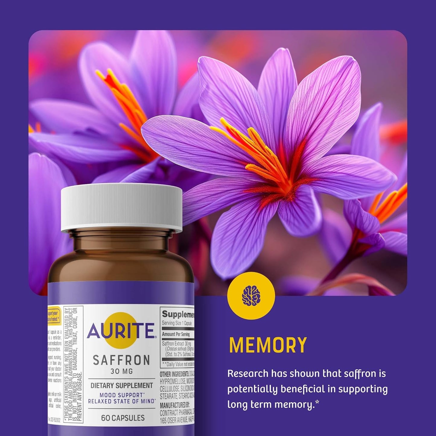Aurite Saffron Supplement for Stress Management & Mood Support - 60 Count, 30mg Saffron, Memory Support, Vegetarian, Non-GMO, Gluten & Soy-Free - 2 Month Supply for Women & Men