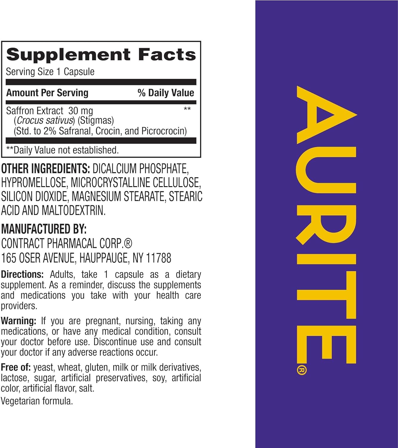Aurite Saffron Supplement for Stress Management & Mood Support - 60 Count, 30mg Saffron, Memory Support, Vegetarian, Non-GMO, Gluten & Soy-Free - 2 Month Supply for Women & Men