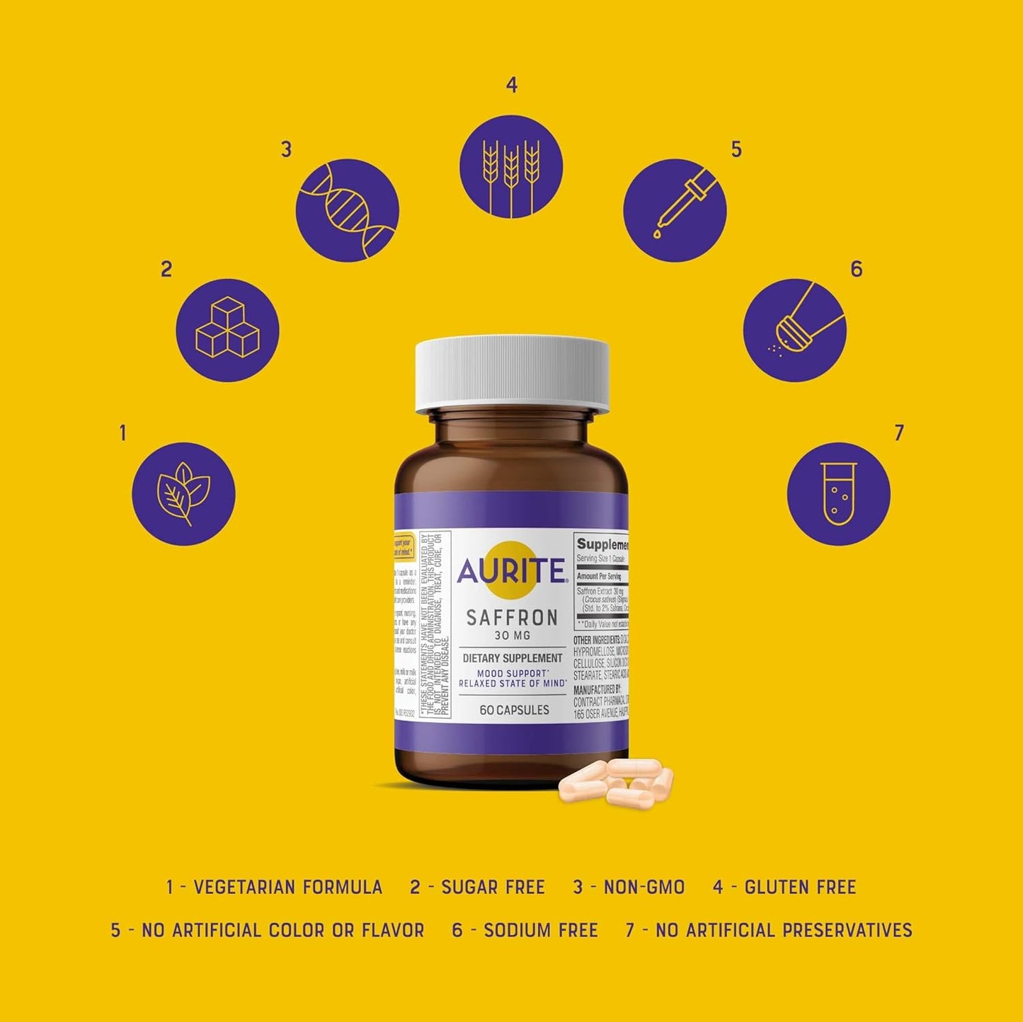 Aurite Saffron Supplement for Stress Management & Mood Support - 60 Count, 30mg Saffron, Memory Support, Vegetarian, Non-GMO, Gluten & Soy-Free - 2 Month Supply for Women & Men