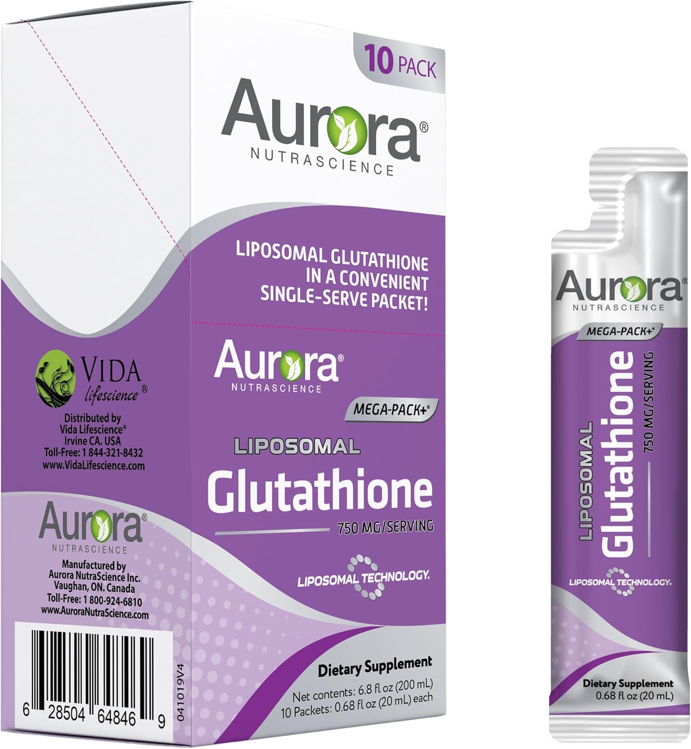 Aurora Nutrascience Mega-Liposomal Liquid Glutathione 750mg - Immune Support, Antioxidant - 10 Packets, Gluten-Free, Non-GMO - 6.8oz