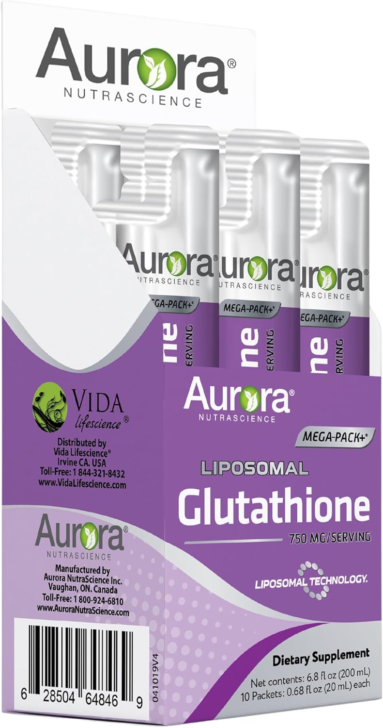Aurora Nutrascience Mega-Liposomal Liquid Glutathione 750mg - Immune Support, Antioxidant - 10 Packets, Gluten-Free, Non-GMO - 6.8oz