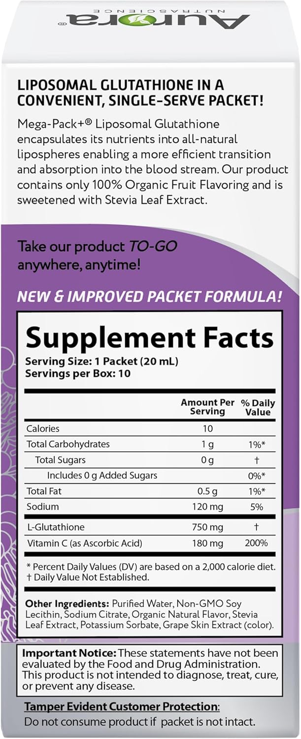 Aurora Nutrascience Mega-Liposomal Liquid Glutathione 750mg - Immune Support, Antioxidant - 10 Packets, Gluten-Free, Non-GMO - 6.8oz