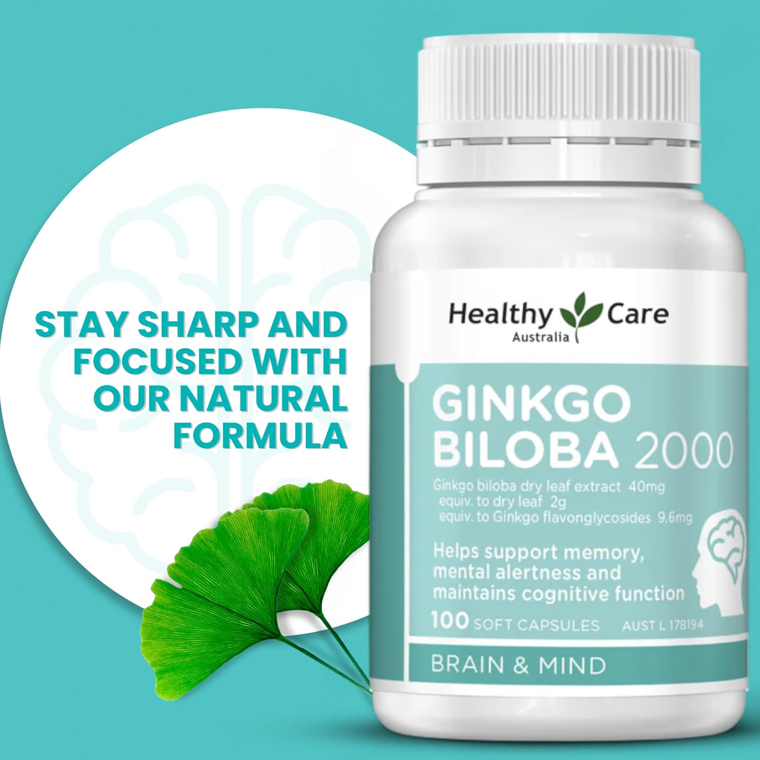 Australian Made Ginkgo Biloba Capsules - 2000mg - 100 Count - Promotes Healthy Care