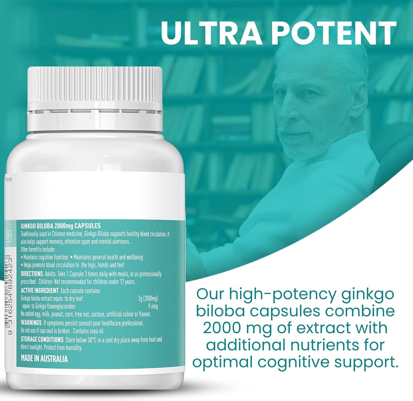 Australian Made Ginkgo Biloba Capsules - 2000mg - 100 Count - Promotes Healthy Care