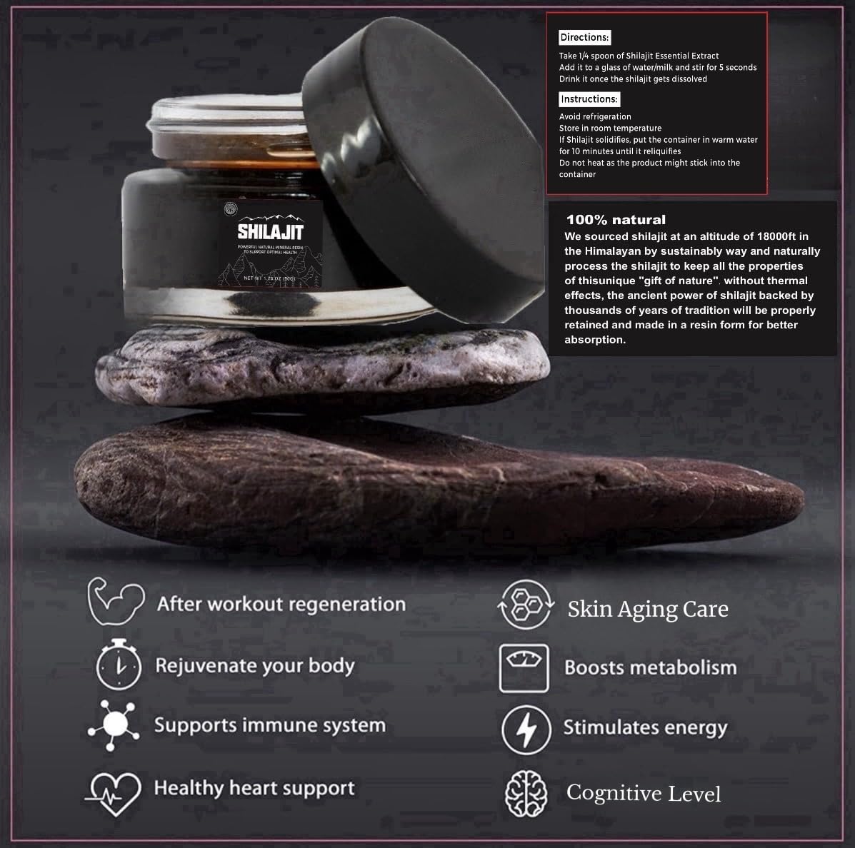 Authentic Himalayan Gold Grade Shilajit Resin Home Studio Collection | Pure Unfiltered Energy Boost | 85+ Trace Minerals | Immune Support | 50g Bottle with Spoon