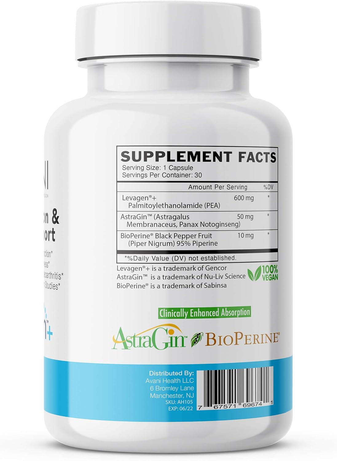 Avani Health Levagen Joint Support Supplement with Bioperine and AstraGin - Reduce Inflammation, Joint Pain, and Stiffness - Gluten Free - 30 Vegan Capsules