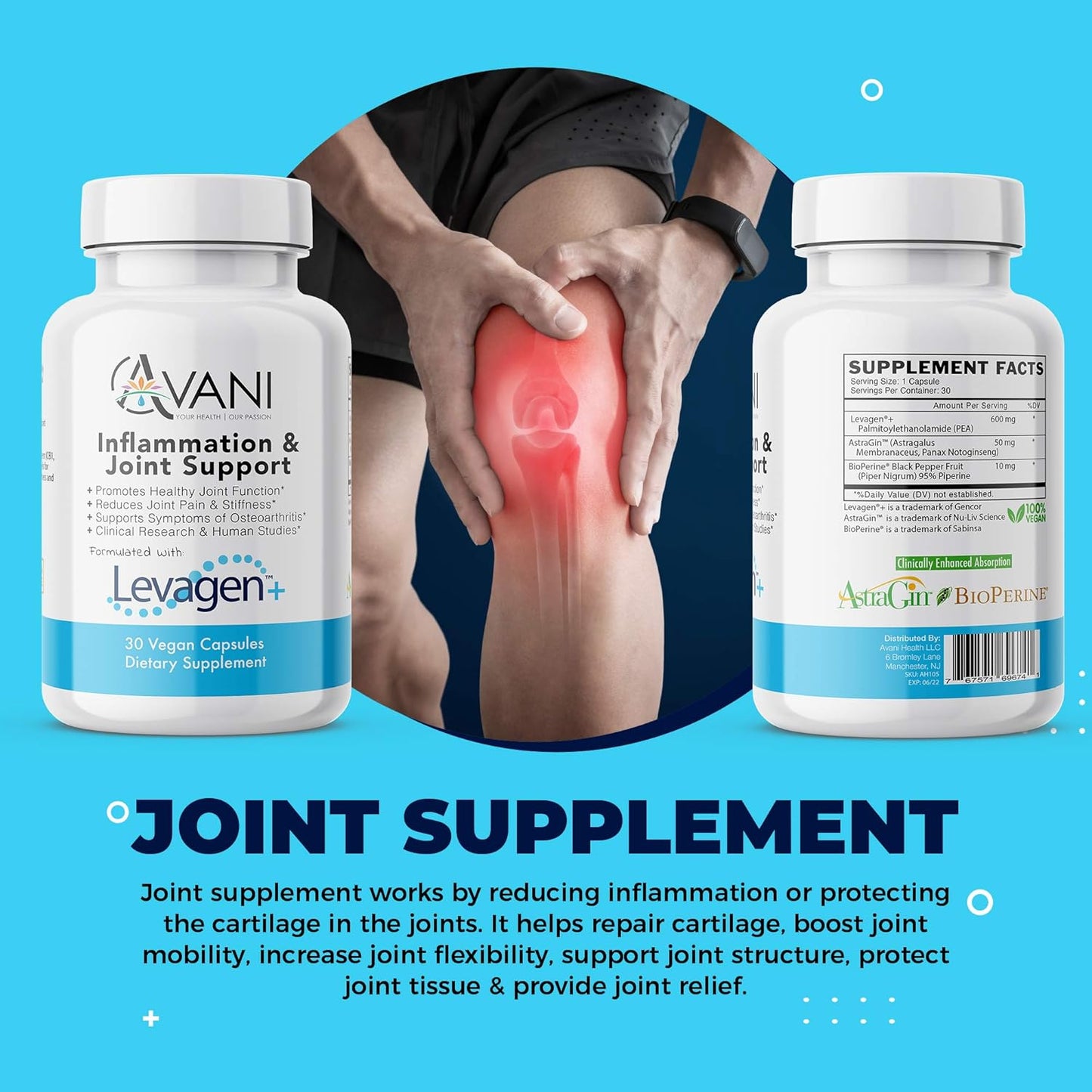 Avani Health Levagen Joint Support Supplement with Bioperine and AstraGin - Reduce Inflammation, Joint Pain, and Stiffness - Gluten Free - 30 Vegan Capsules