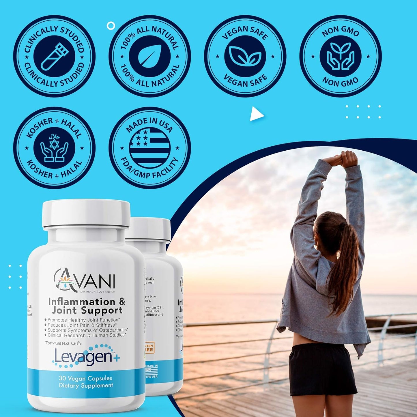 Avani Health Levagen Joint Support Supplement with Bioperine and AstraGin - Reduce Inflammation, Joint Pain, and Stiffness - Gluten Free - 30 Vegan Capsules