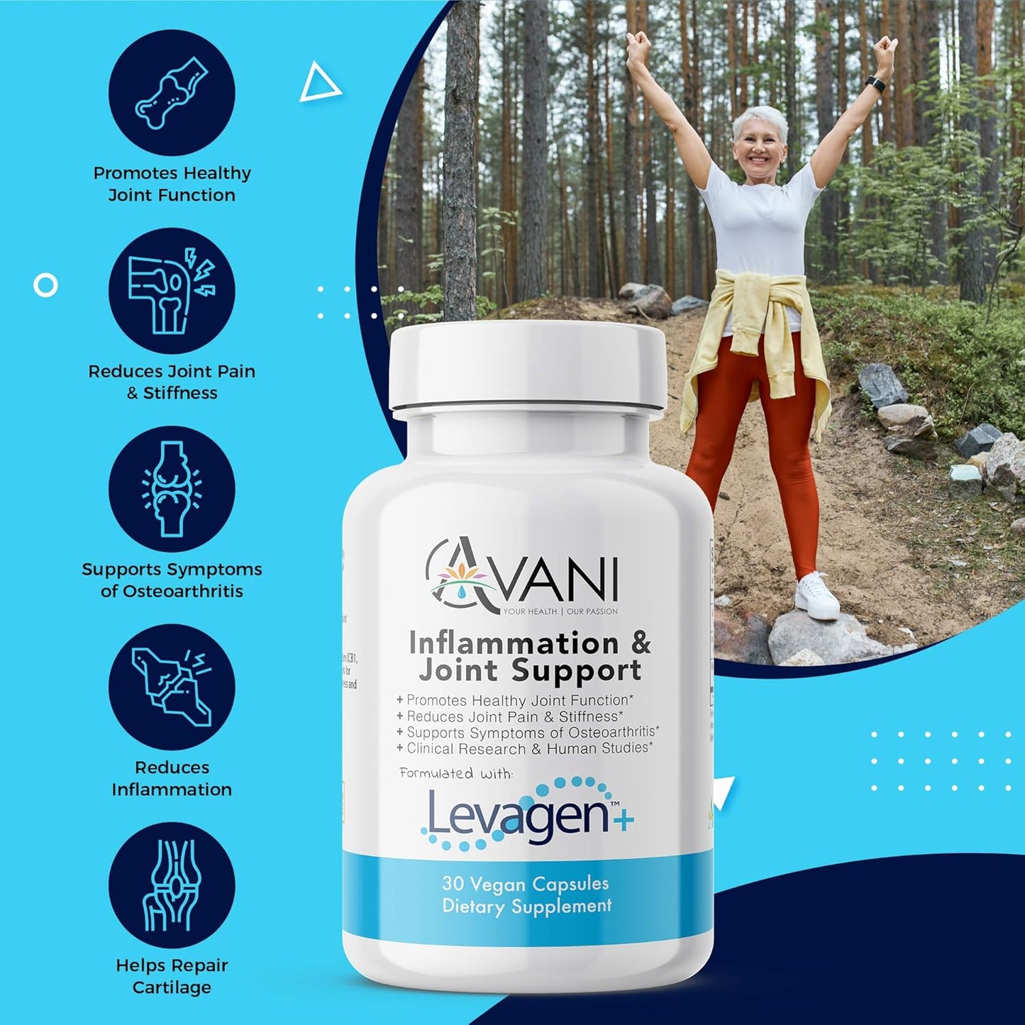 Avani Health Levagen Joint Support Supplement with Bioperine and AstraGin - Reduce Inflammation, Joint Pain, and Stiffness - Gluten Free - 30 Vegan Capsules