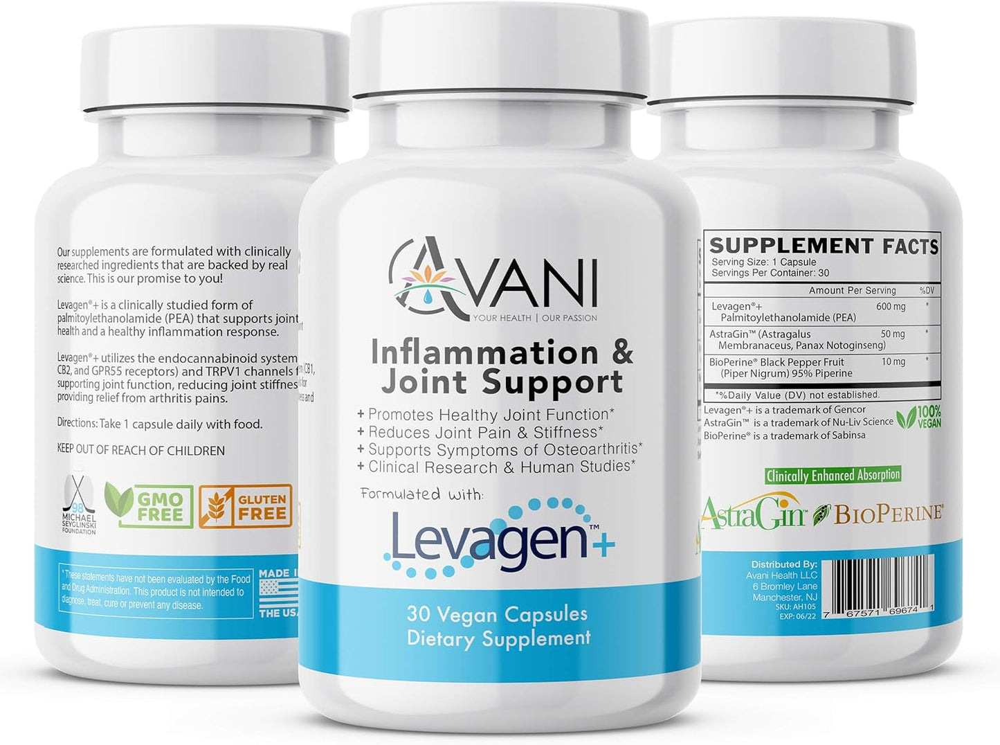 Avani Health Levagen Joint Support Supplement with Bioperine and AstraGin - Reduce Inflammation, Joint Pain, and Stiffness - Gluten Free - 30 Vegan Capsules