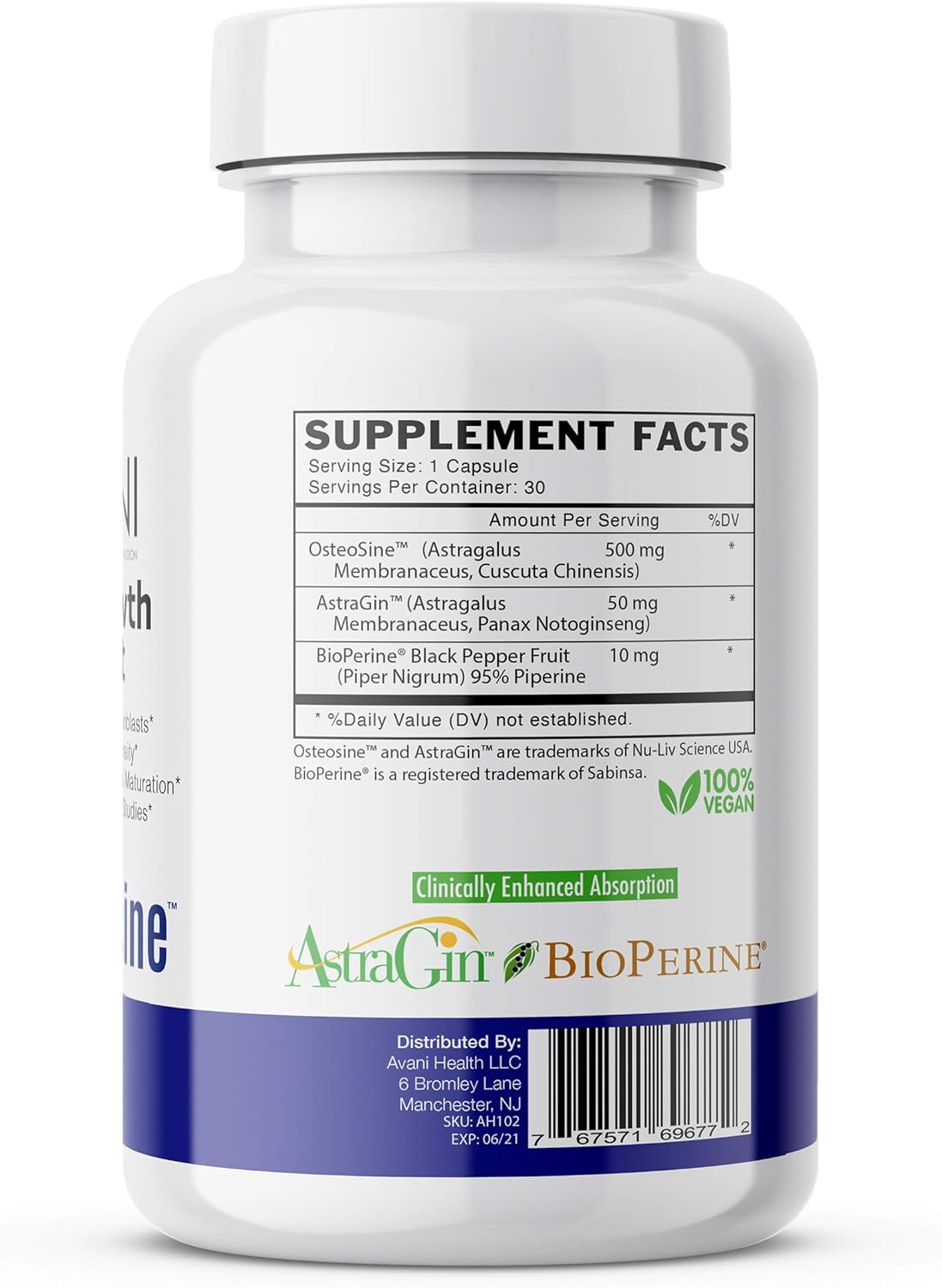 Avani Health Osteosine Bone Growth Support Supplement with BioPerine and AstraGin - Gluten Free - 30 Vegan Capsules for Stronger Bones and Increased Calcium Levels