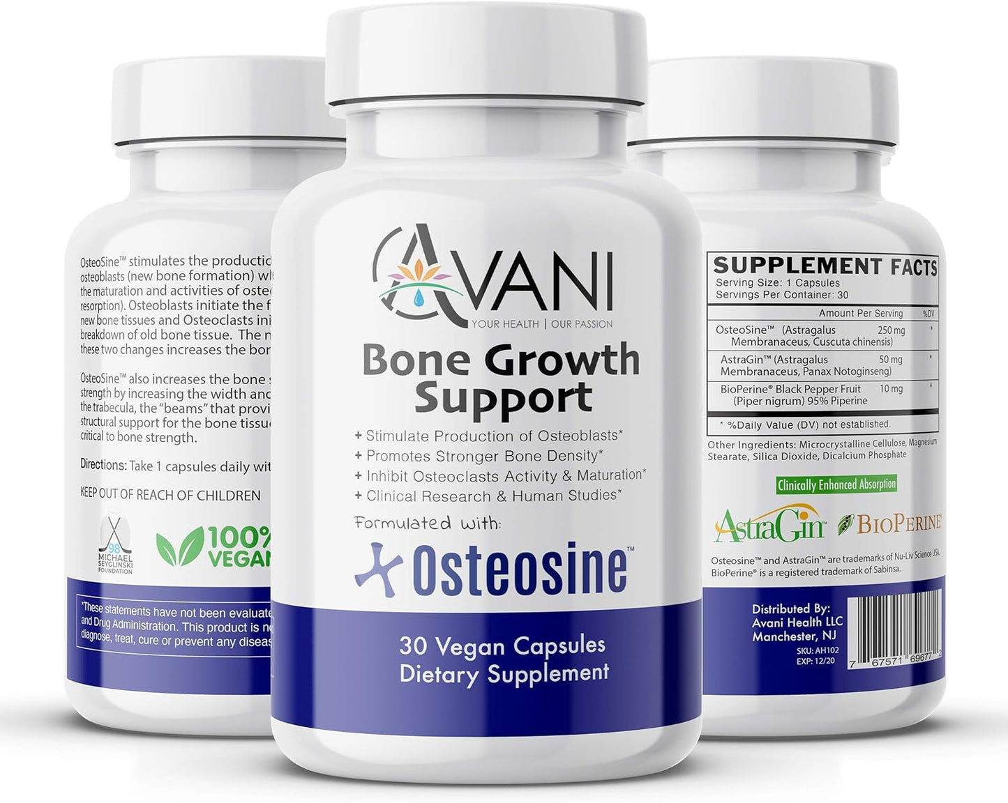 Avani Health Osteosine Bone Growth Support Supplement with BioPerine and AstraGin - Gluten Free - 30 Vegan Capsules for Stronger Bones and Increased Calcium Levels