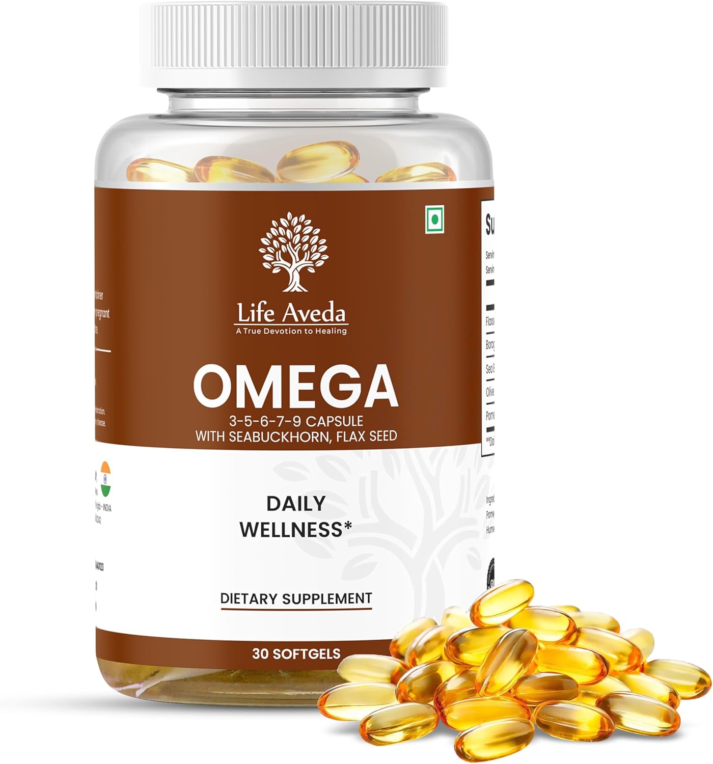 Aveda Life Omega Softgel Capsules with Seabuckthorn and Flax Seed for Heart, Hair, Skin, and Joint Health - 30 Capsules