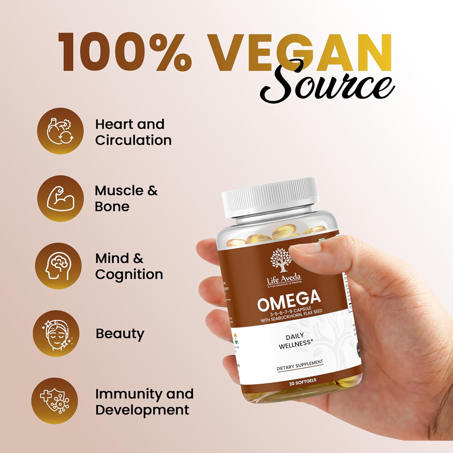 Aveda Life Omega Softgel Capsules with Seabuckthorn and Flax Seed for Heart, Hair, Skin, and Joint Health - 30 Capsules