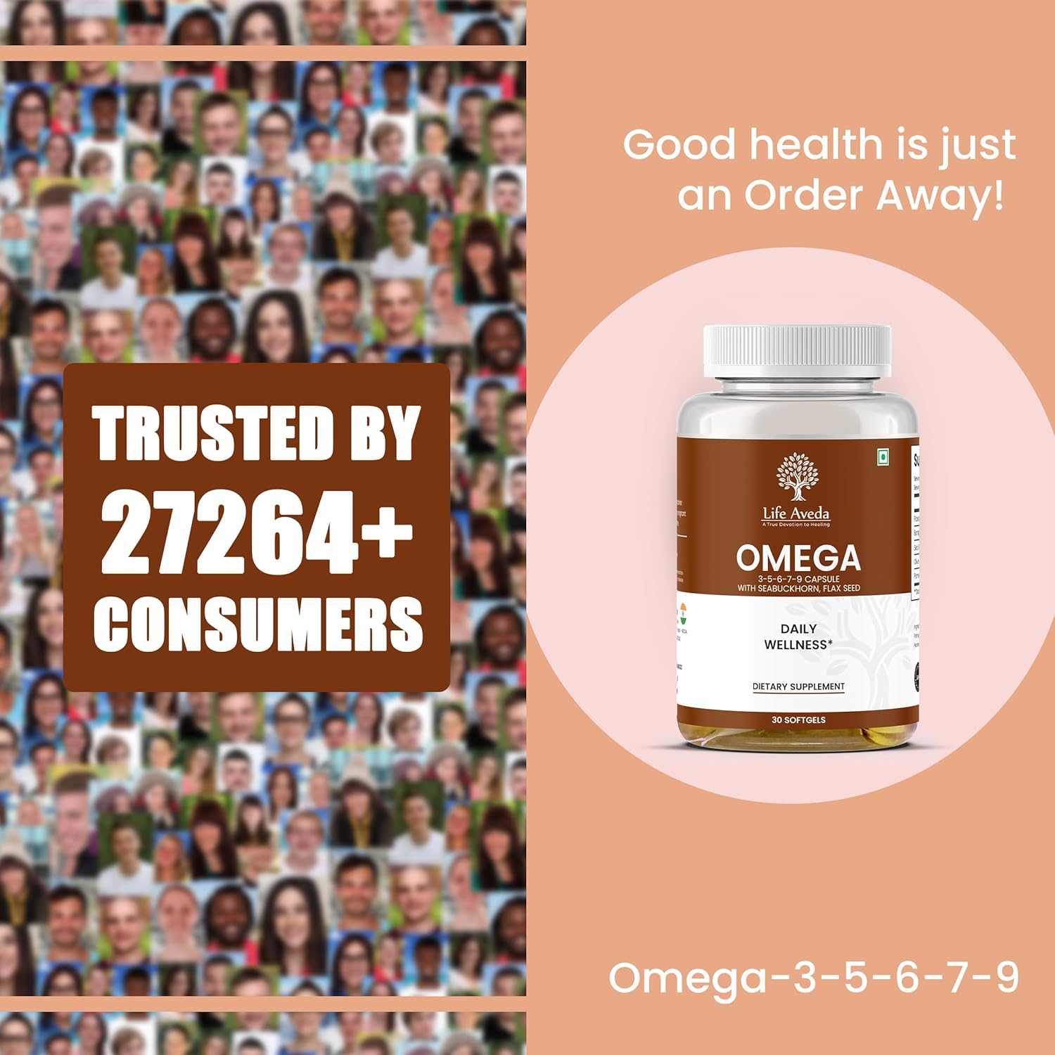 Aveda Life Omega Softgel Capsules with Seabuckthorn and Flax Seed for Heart, Hair, Skin, and Joint Health - 30 Capsules