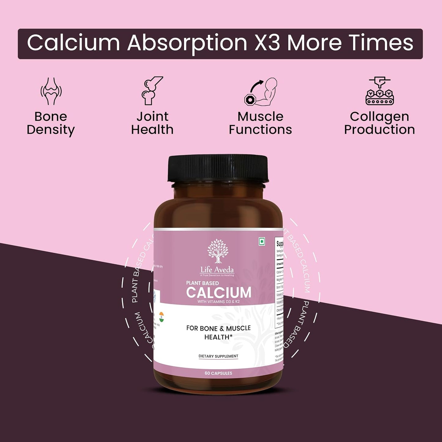 Aveda Plant-Based Calcium Supplement with Vitamin D3, K2, Magnesium | 500mg | Bone, Joint, Teeth, Muscle Support | 60 Veg Capsules | 3X Calcium Absorption | Men & Women
