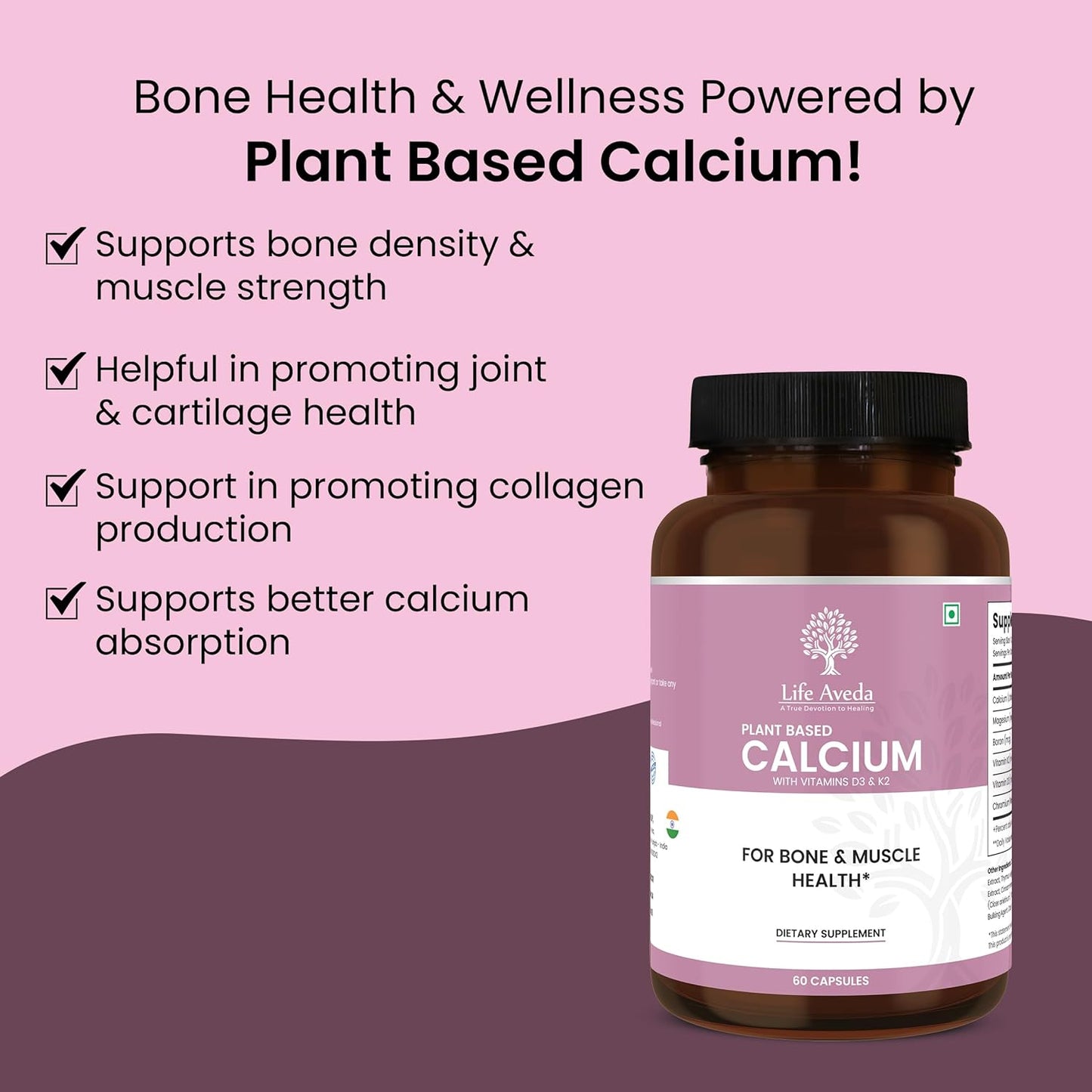Aveda Plant-Based Calcium Supplement with Vitamin D3, K2, Magnesium | 500mg | Bone, Joint, Teeth, Muscle Support | 60 Veg Capsules | 3X Calcium Absorption | Men & Women