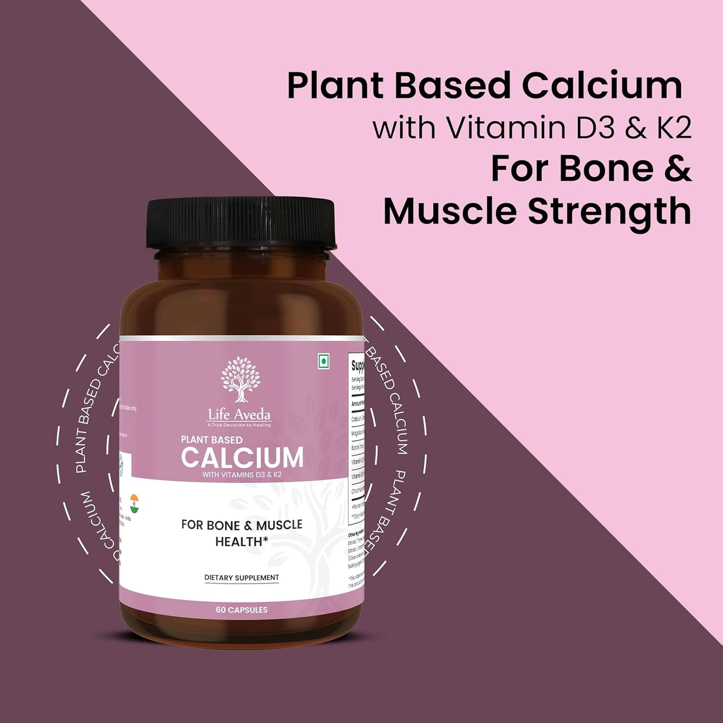 Aveda Plant-Based Calcium Supplement with Vitamin D3, K2, Magnesium | 500mg | Bone, Joint, Teeth, Muscle Support | 60 Veg Capsules | 3X Calcium Absorption | Men & Women