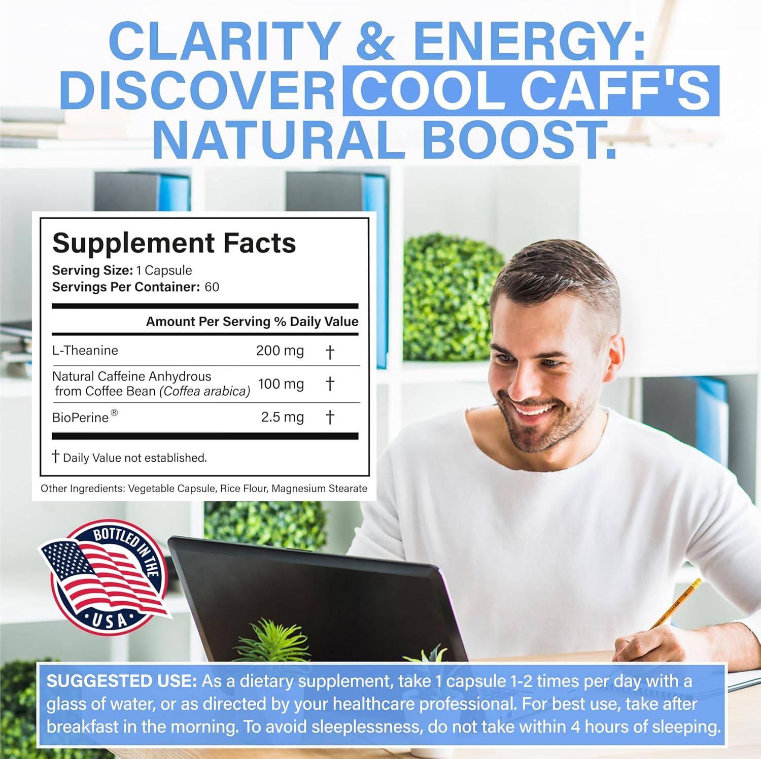 Avenir Nutrition Cool Caff Energy Supplements - L-Theanine and Caffeine Capsules for Energy and Focus, Pre-Workout for Men and Women - 60 Count - Coffee Alternative