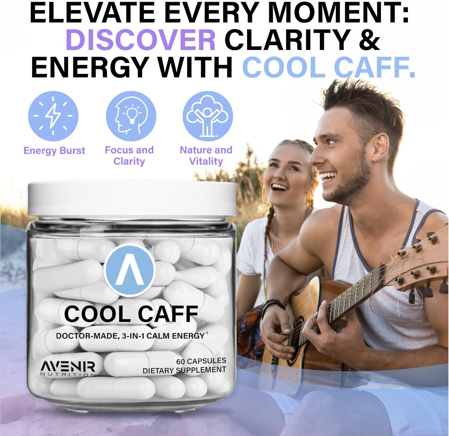 Avenir Nutrition Cool Caff Energy Supplements - L-Theanine and Caffeine Capsules for Energy and Focus, Pre-Workout for Men and Women - 60 Count - Coffee Alternative