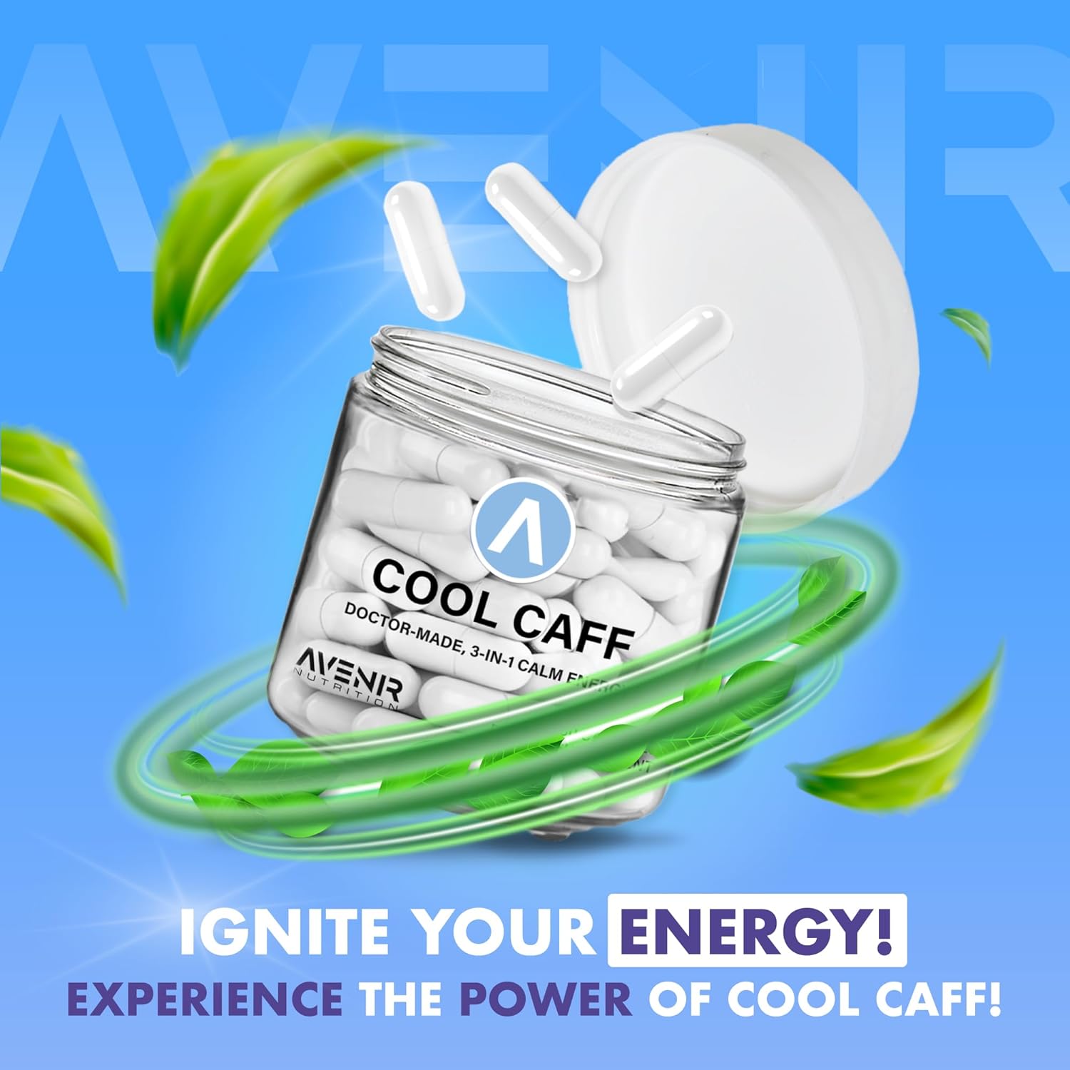 Avenir Nutrition Cool Caff Energy Supplements - L-Theanine and Caffeine Capsules for Energy and Focus, Pre-Workout for Men and Women - 60 Count - Coffee Alternative
