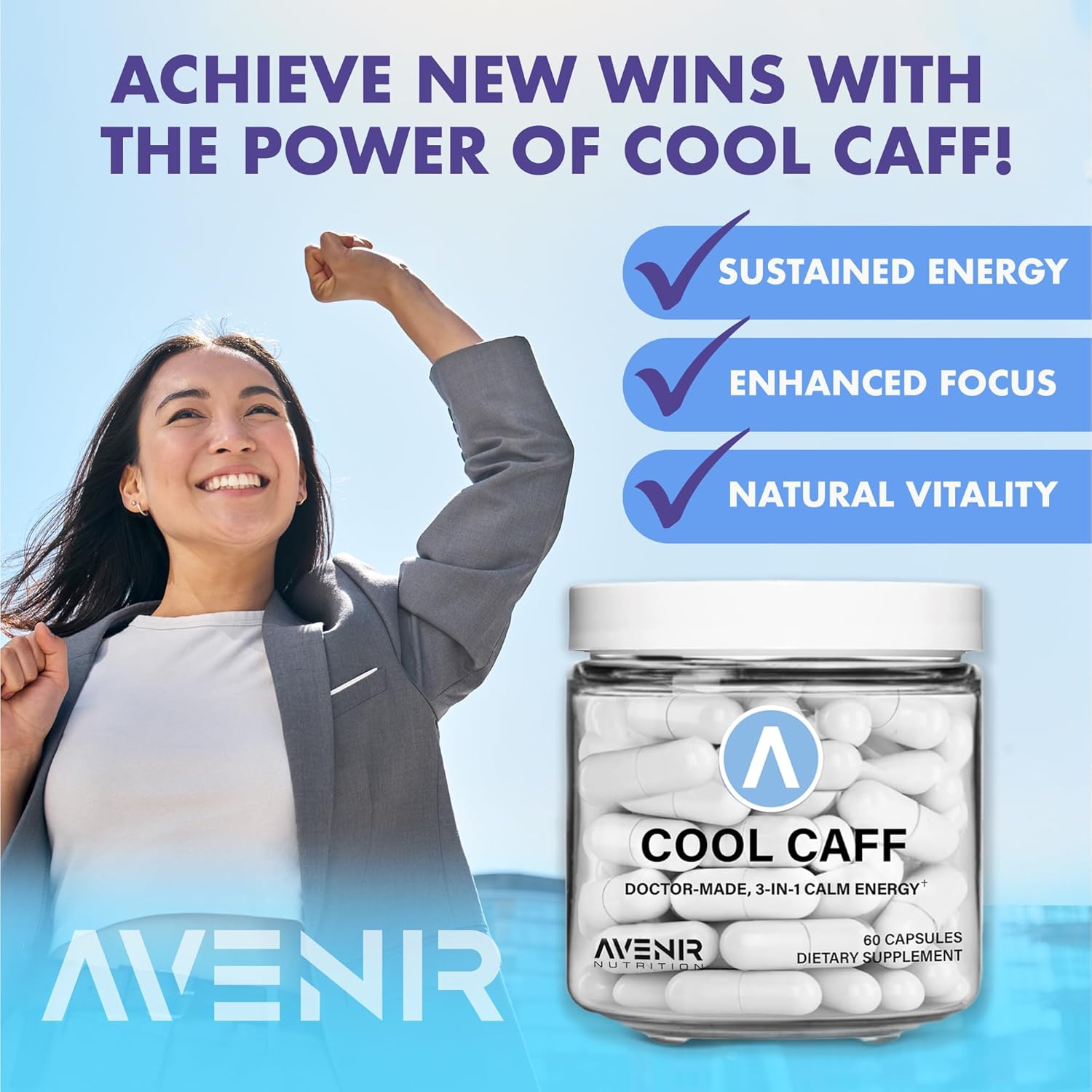Avenir Nutrition Cool Caff Energy Supplements - L-Theanine and Caffeine Capsules for Energy and Focus, Pre-Workout for Men and Women - 60 Count - Coffee Alternative