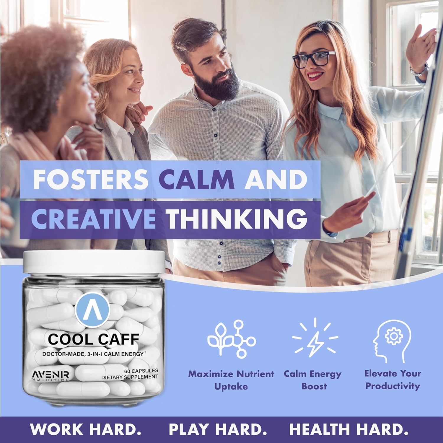 Avenir Nutrition Cool Caff Energy Supplements - L-Theanine and Caffeine Capsules for Energy and Focus, Pre-Workout for Men and Women - 60 Count - Coffee Alternative