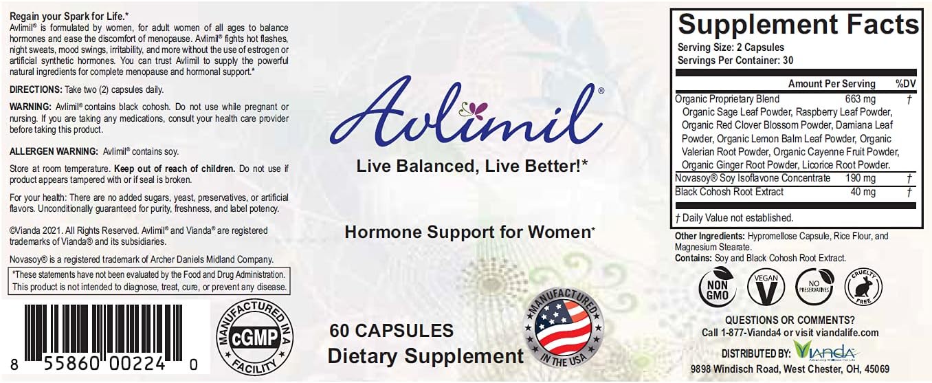 Avlimil® Hormone Balance & Menopause Support Supplement - Relieve Mood Swings, Hot Flashes, Night Sweats, and Irritability - Natural Ingredients - 1 Month Supply