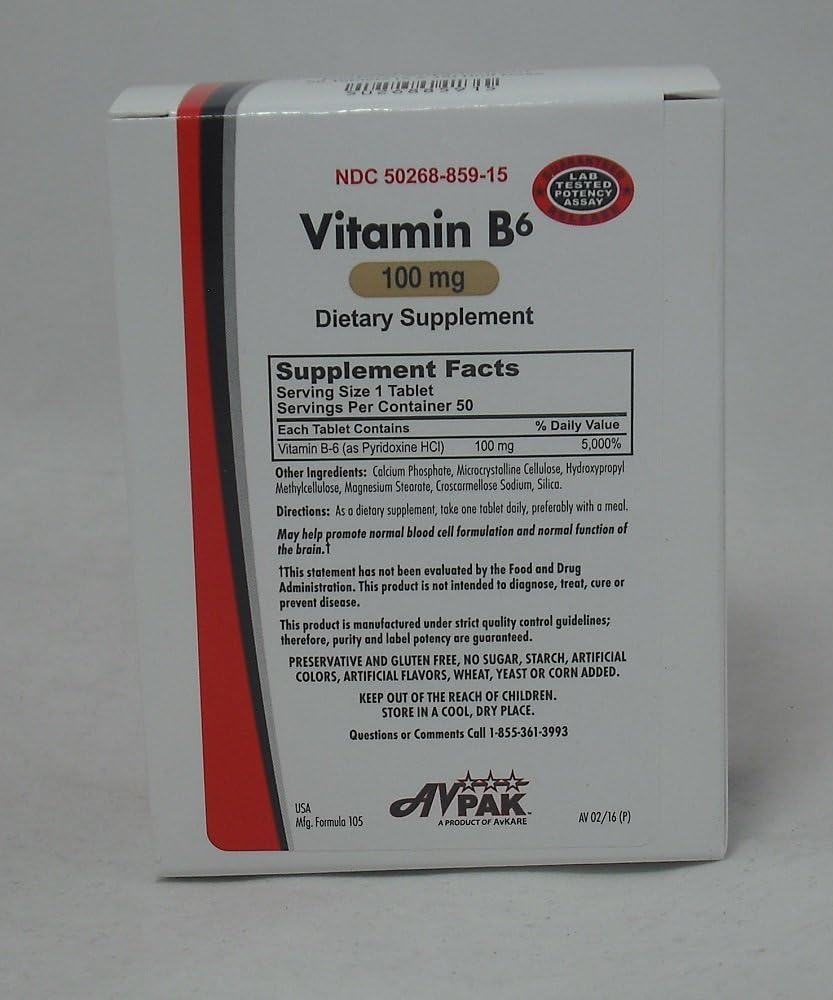 Avpak Vitamin B-6 Tablets - 100 MG, 50 Tablets - Natural Energy Boost and Immune Support