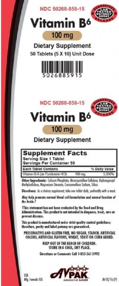 Avpak Vitamin B-6 Tablets - 100 MG, 50 Tablets - Natural Energy Boost and Immune Support