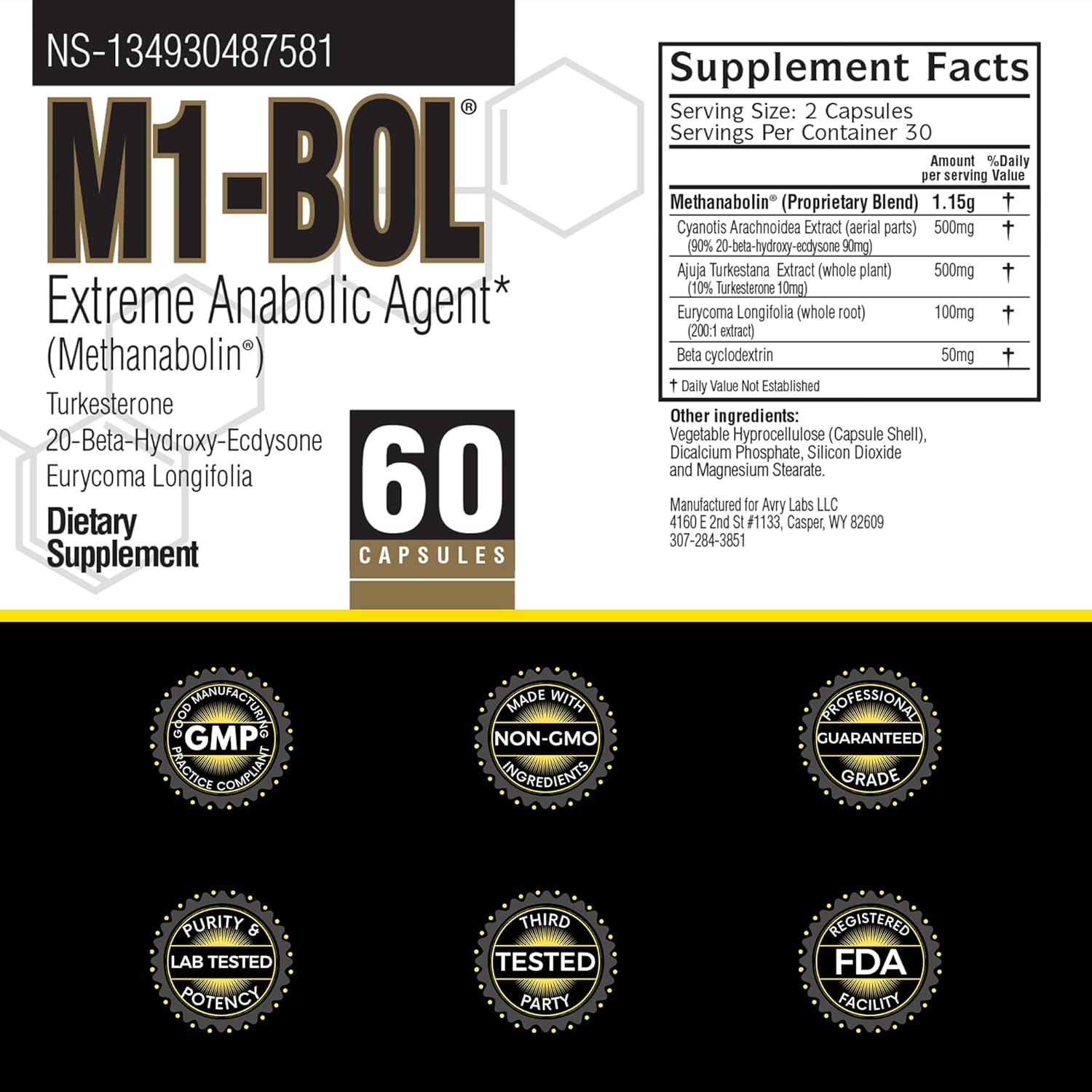 Avry Labs M1-BOL Extreme Anabolic Supplement with Turkesterone for Muscle Growth & Strength - Vegan Dietary Supplement, 60 Capsules