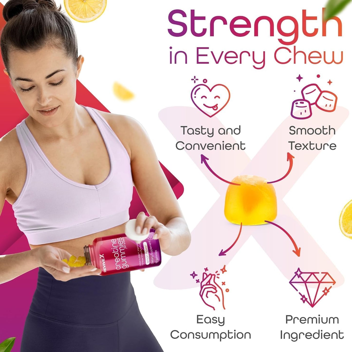 Award Winning Lemon Drop Glute Gummies with 3G Creatine - 90 Count for Women, Muscle Builder, Monohydrate - 30 Servings