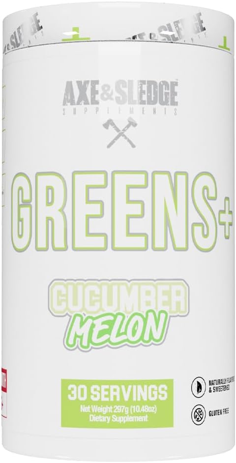 Axe & Sledge Greens+ Superfood Powder - Antioxidants, Probiotics, Enzymes, Ashwagandha, Coconut Water, 30 Servings - Cucumber Melon V2