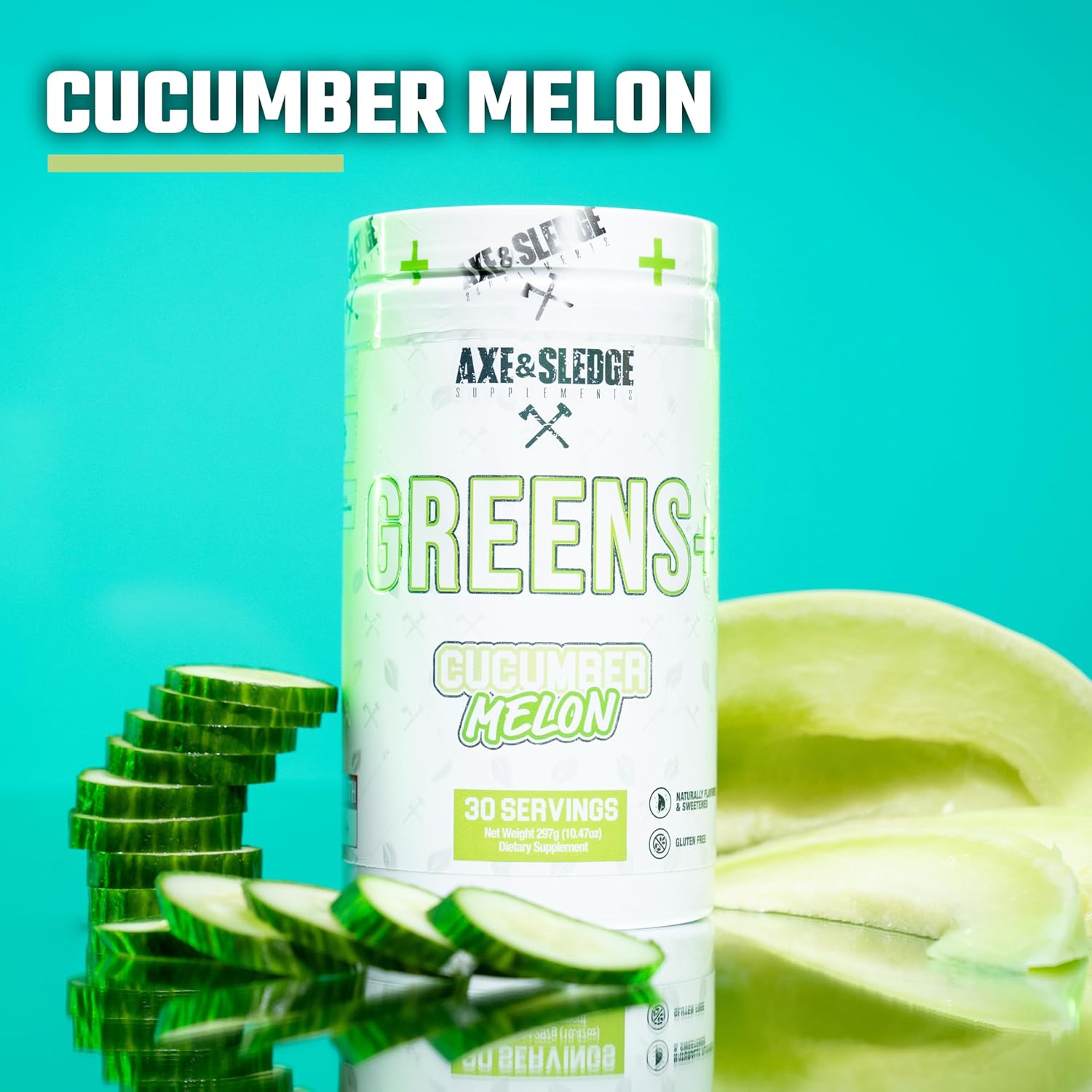 Axe & Sledge Greens+ Superfood Powder - Antioxidants, Probiotics, Enzymes, Ashwagandha, Coconut Water, 30 Servings - Cucumber Melon V2