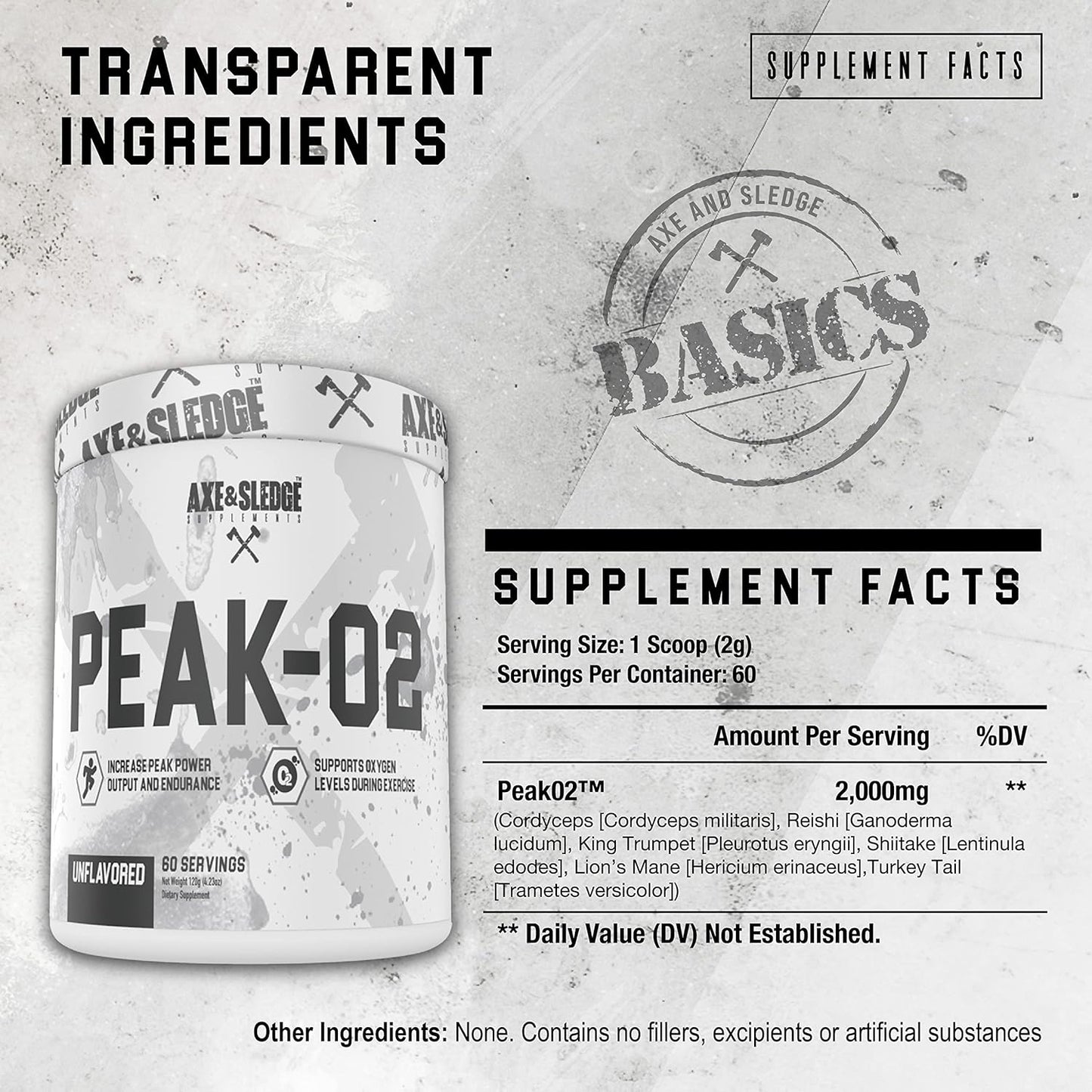 Axe & Sledge Supplements Peak-O2 Basics Powder - Unflavored, Supports Exercise Performance and Endurance, 60 Servings, No Artificial Ingredients