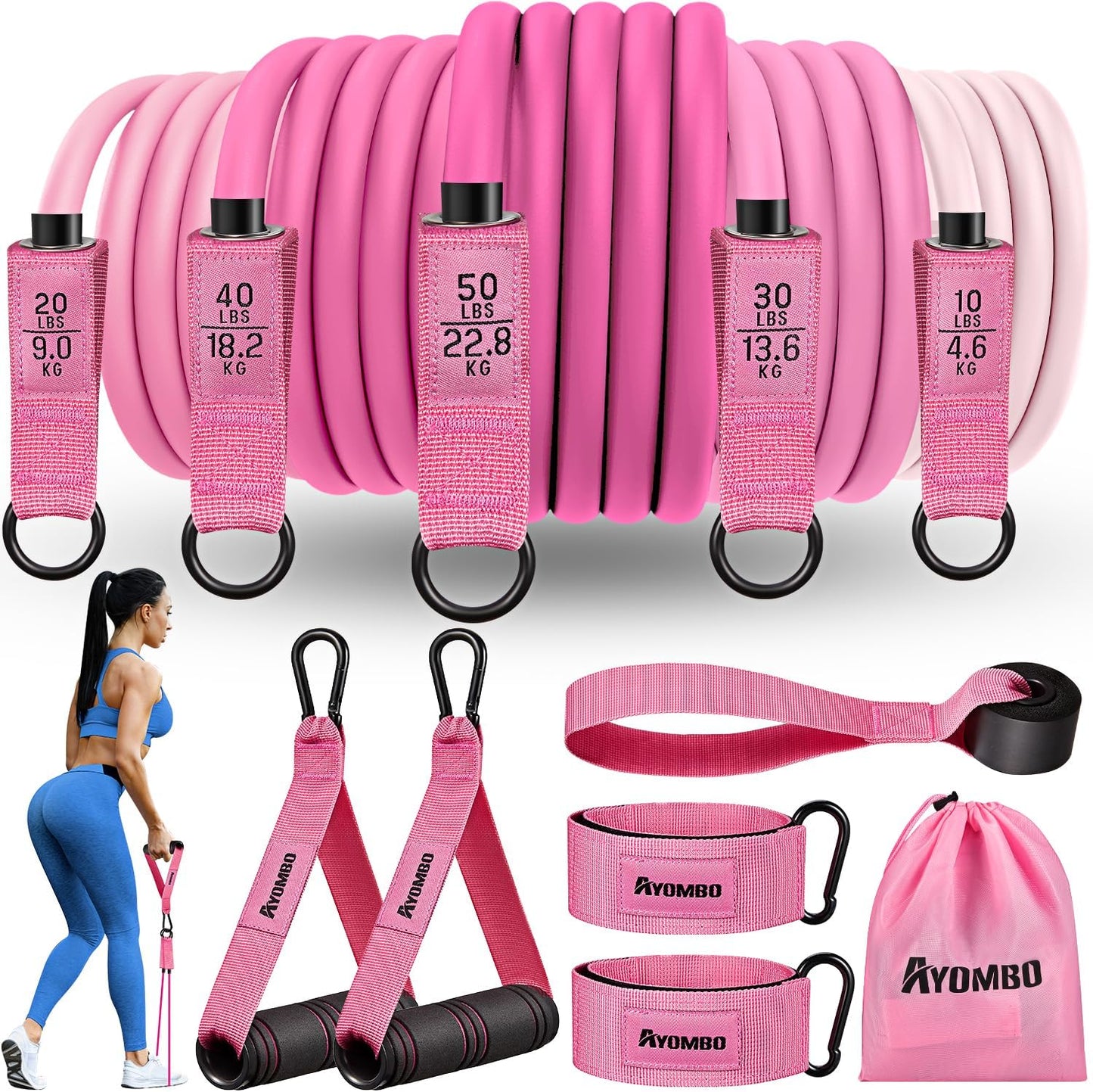 Ayombo Resistance Bands Set with Handles, Door Anchor, Ankle Straps - Home Gym Workout Equipment for Women - Fitness and Physical Therapy Training to Shape Body
