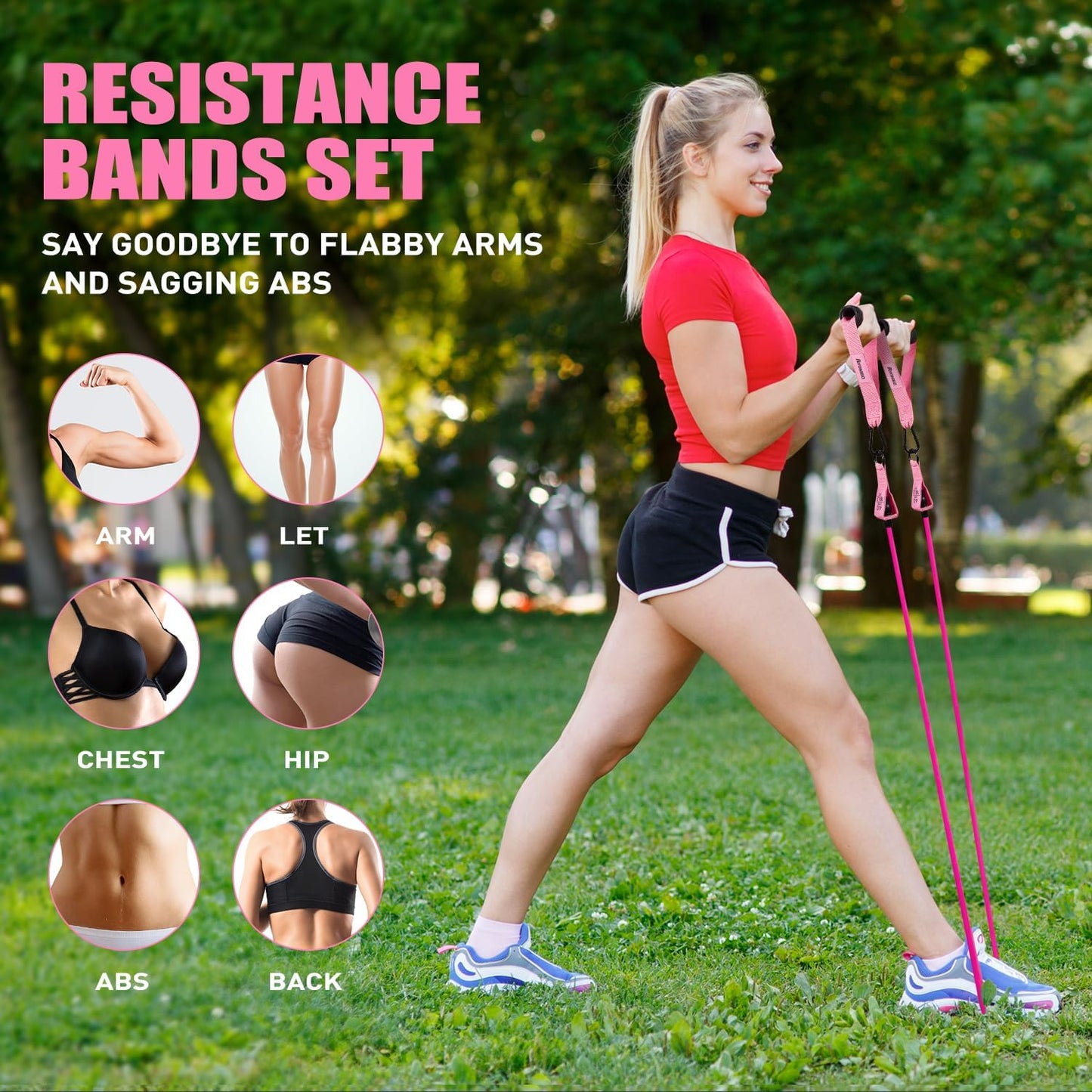 Ayombo Resistance Bands Set with Handles, Door Anchor, Ankle Straps - Home Gym Workout Equipment for Women - Fitness and Physical Therapy Training to Shape Body