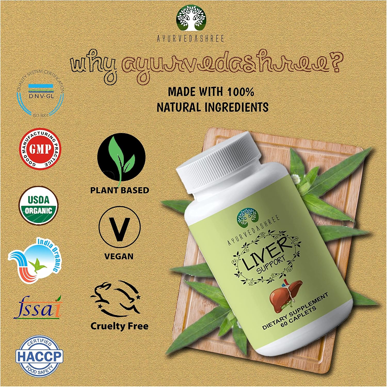 AYURVEDASHREE Liver Support Supplement - 13 Powerful Herbs for Healthy Liver - Vegan & Gluten-Free - 60 Caplets